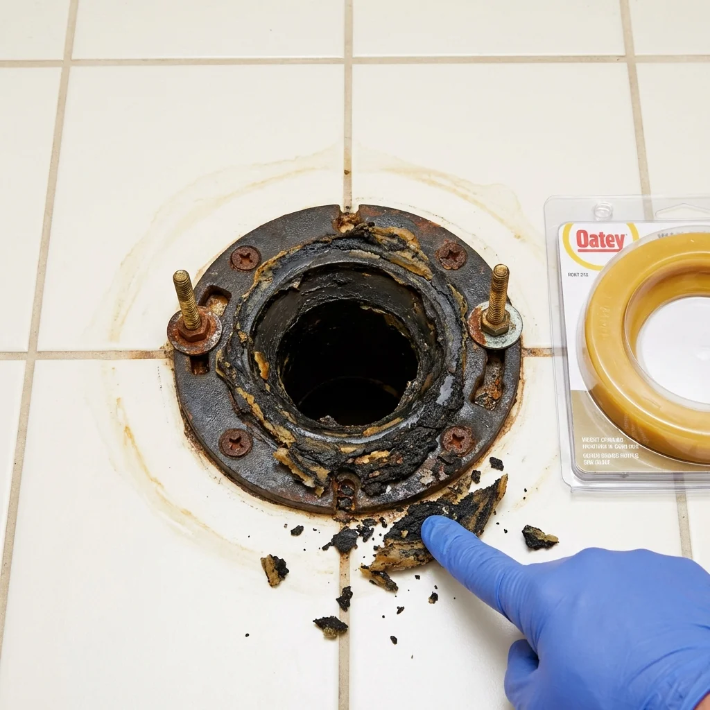 Failed wax ring showing water seepage at the base of a toilet in a Harrison, AR home